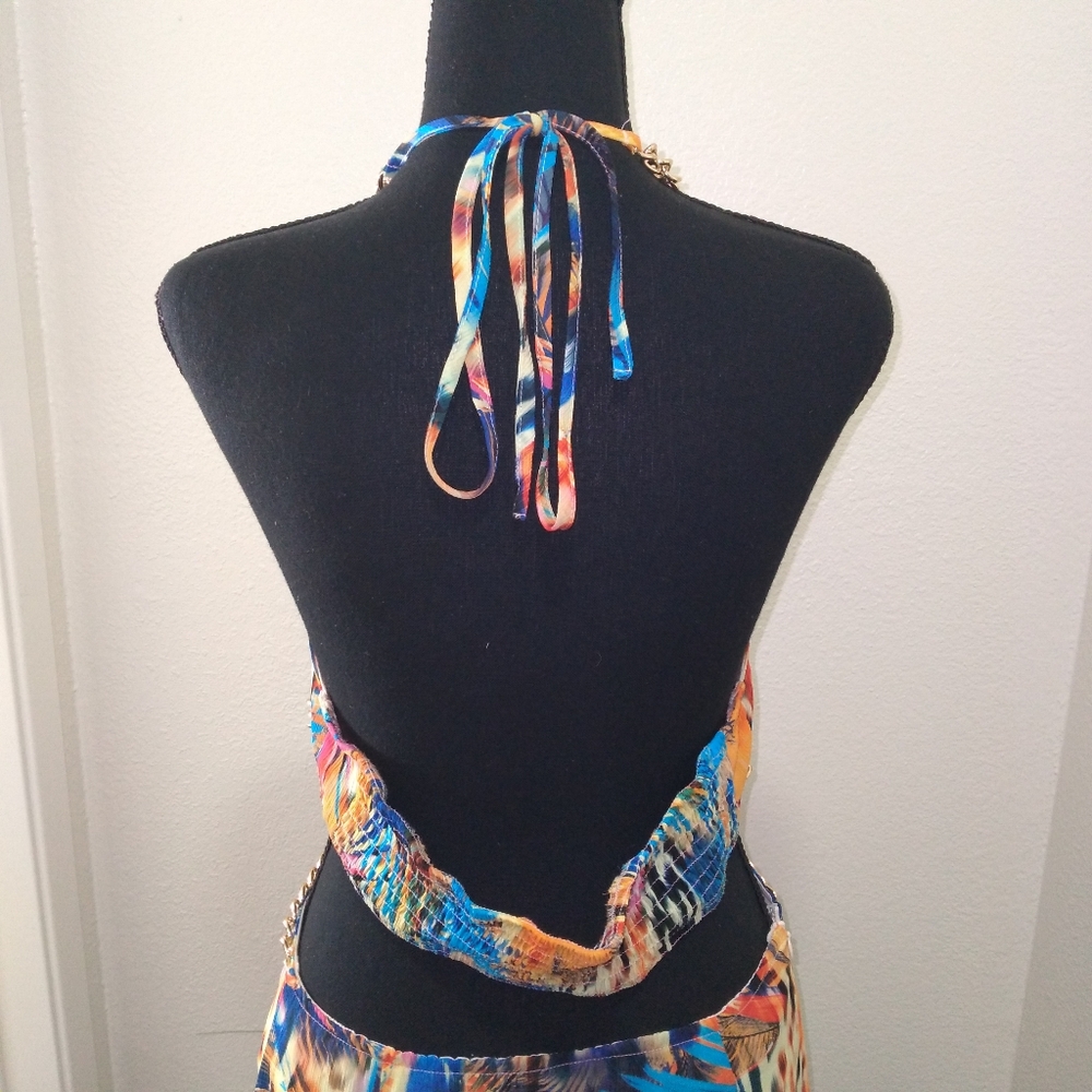 Tropical Vibrant Multi Colored Cutout Chain Link Maxi Halter Dress- Size Large - Picture 10 of 12